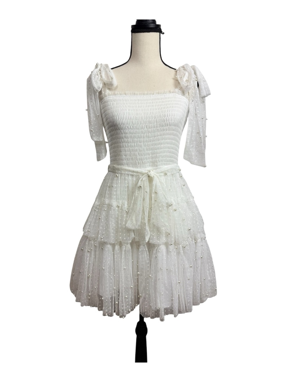 Francesca's Collections White Tie-Shoulder Tulle Pearl Mini Dress Medium - Picture 3 of 7